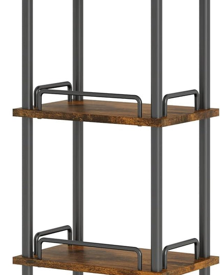 5-Tier Tall Bookshelf, Narrow Bookcase with guardrail, Freestanding Storage Stand Display Rack for Living Room, Bedroom, Home Office, Rustic Brown and Black - LeafyLoom