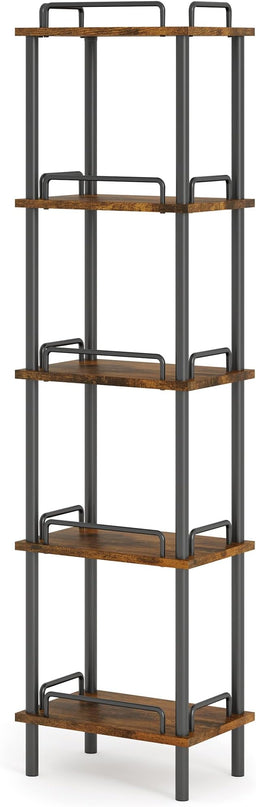 5-Tier Tall Bookshelf, Narrow Bookcase with guardrail, Freestanding Storage Stand Display Rack for Living Room, Bedroom, Home Office, Rustic Brown and Black - LeafyLoom
