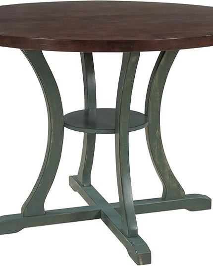 5-Piece Round Wood Dining Table and 4 Chairs Set with Special-shaped Legs and an Exquisitely Designed Retro Hollow Back, 42" L x 42" W x 30" H, Antique Blue + Dark Brown 2 - LeafyLoom