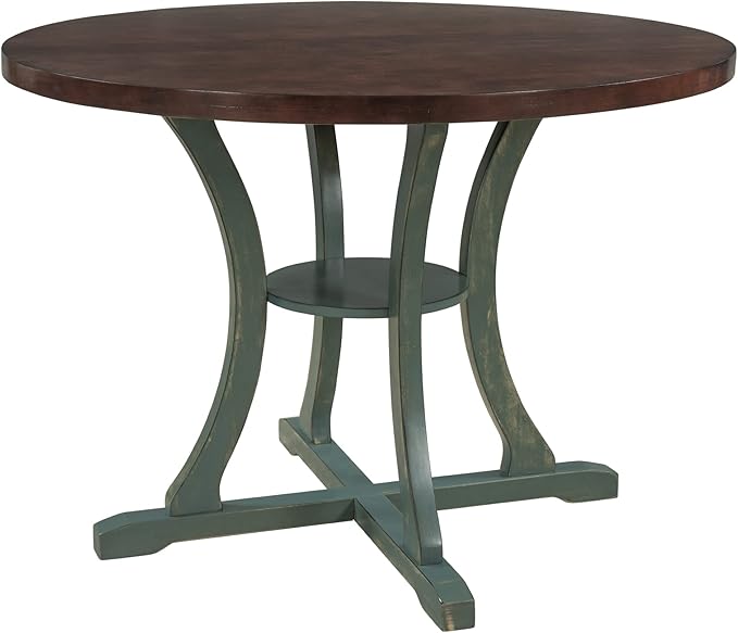 5-Piece Round Wood Dining Table and 4 Chairs Set with Special-shaped Legs and an Exquisitely Designed Retro Hollow Back, 42" L x 42" W x 30" H, Antique Blue + Dark Brown 2 - LeafyLoom