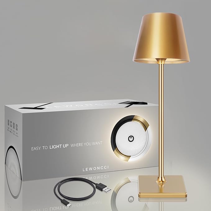 2 Pack Cordless Table lamp, 5200mAh Battery Operated Lamp,3 Color Stepless Dimming Desk Lamp,IP54 Waterproof Outdoor Table Lamps for Restaurant/Bedroom/Bars/Camping/Cafe Night Light (Gold-2) - LeafyLoom