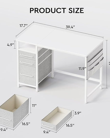 Ｍａｉｈａｉｌ Maihail Small Desk with Drawers, 40 inch Computer Desk with Shelves, Writing Desk with Storage, Small Office Desk with Metal Frame, White - LeafyLoom
