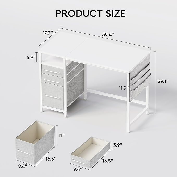 Ｍａｉｈａｉｌ Maihail Small Desk with Drawers, 40 inch Computer Desk with Shelves, Writing Desk with Storage, Small Office Desk with Metal Frame, White - LeafyLoom