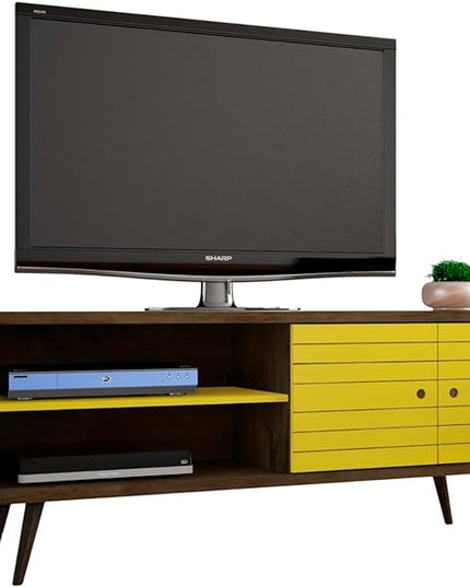 Manhattan Comfort Liberty Mid Century Modern TV Stand for Televisions up to 60 Inches, Bedroom and Living Room Entertainment Center with Storage, Shelves, and Cabinet, 63" Wide, Rustic Brown/Yellow - LeafyLoom