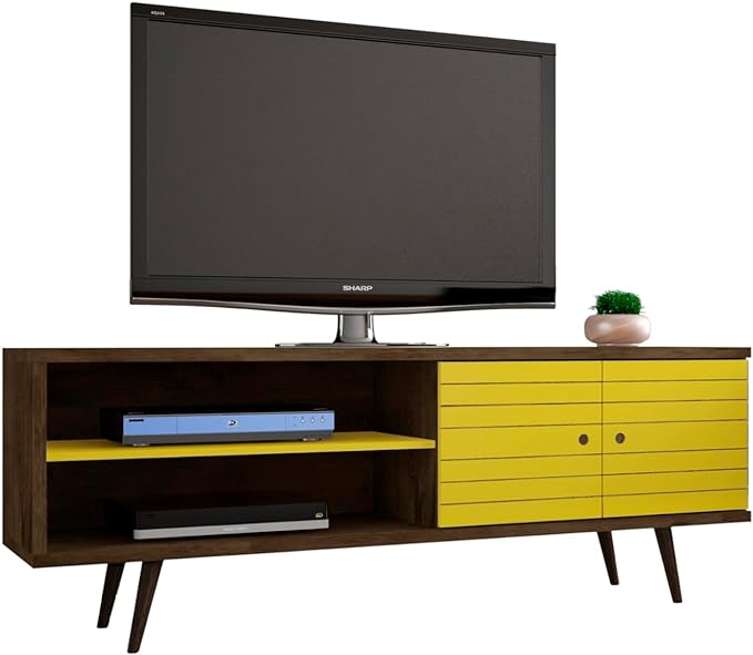 Manhattan Comfort Liberty Mid Century Modern TV Stand for Televisions up to 60 Inches, Bedroom and Living Room Entertainment Center with Storage, Shelves, and Cabinet, 63" Wide, Rustic Brown/Yellow - LeafyLoom