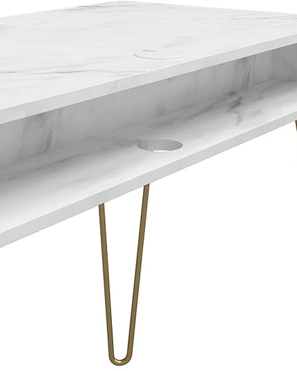Novogratz Athena Computer Desk with Storage, White Marble - LeafyLoom