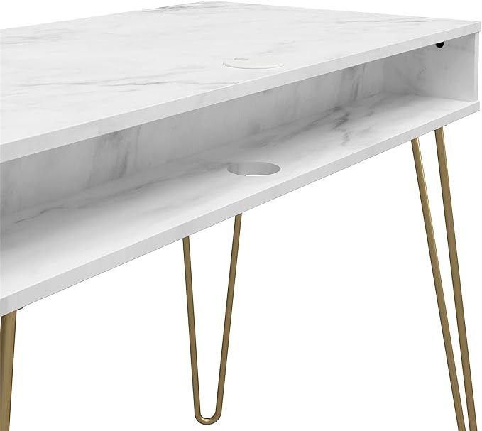 Novogratz Athena Computer Desk with Storage, White Marble - LeafyLoom