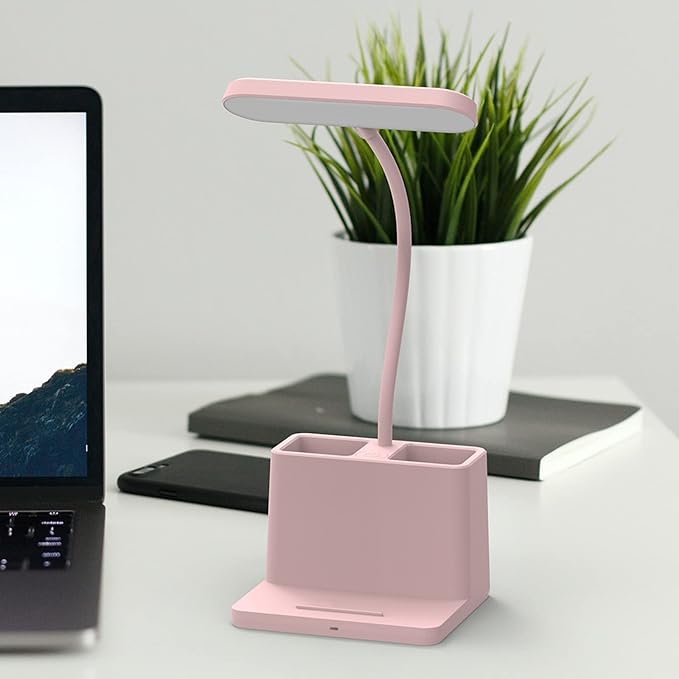 AXX Cute Desk Lamp, Pink Desk Light for Kids, Women, Teen Girls, LED Table Lamp for Bedroom Reading - Small, Rechargeable, Battery Operated, Adjustable - Office Accessories/College Essentials - LeafyLoom