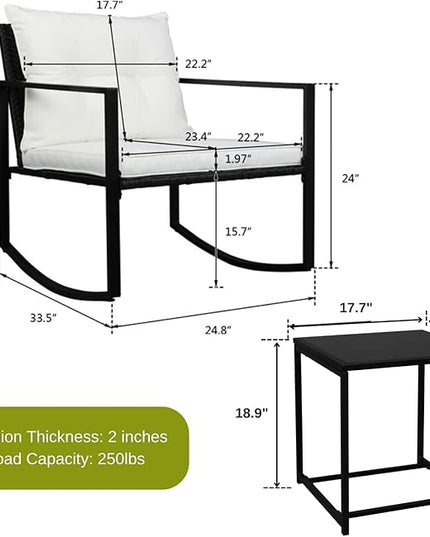Outvita 3-Piece Rocking Bistro Set, Outdoor Wicker Patio Furniture Set with Glass Coffee Table Perfect for Outdoor Porch, Balcony and Garden (White) - LeafyLoom
