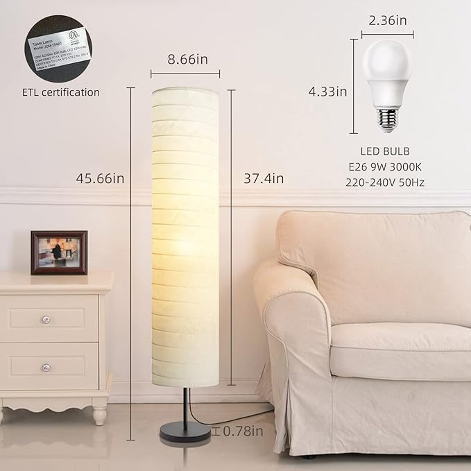 Modern Floor Lamp, Dimmable 3 Levels Brightness Paper Tall Lamp Standing Lamps with Lampshade, 55'' Minimalist Floor Lamps for Office, Kids Room, Reading, Home Decor (White) - LeafyLoom