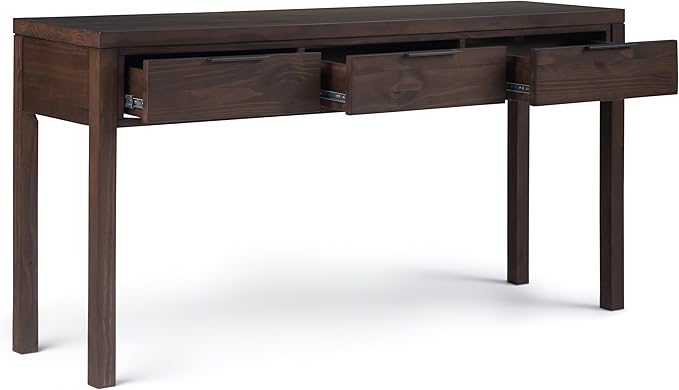 SIMPLIHOME Hollander SOLID WOOD 60 inch Wide Wide Console Sofa Entryway Table in Warm Walnut Brown with Storage, 3 Drawers , for the Living Room, Entryway and Bedroom - LeafyLoom