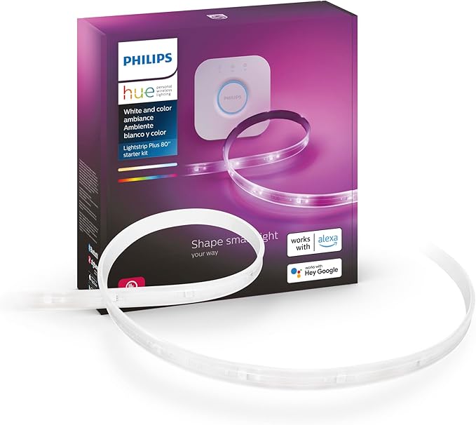 Philips Hue Lightstrip Starter Kit (6ft Light Strip, Base Plug, Hue Hub), Compatible with Alexa, Google Assistant, White PhilipsHue