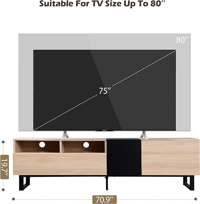 71 Inch TV Stand with Double Storage Space for TVs up to 80'', Modern TV Console with Drop Down Door, Entertainment Center for Living Room, Bedroom and Home Theatre, Natural Wood+Black - LeafyLoom