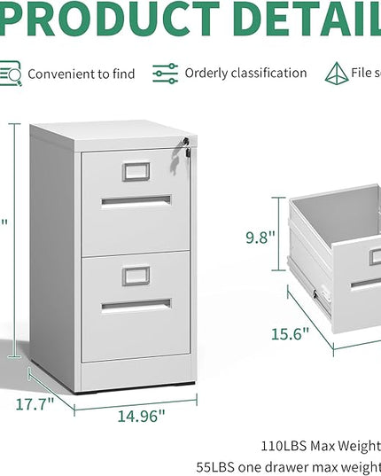2 Drawer File Cabinet,Metal Filing Cabinets with Lock,White Vertical File Cabinet for Home Office,Heavy Duty Metal Storage Cabinet for A4/Letter/Legal Size File,Assembly Required - LeafyLoom