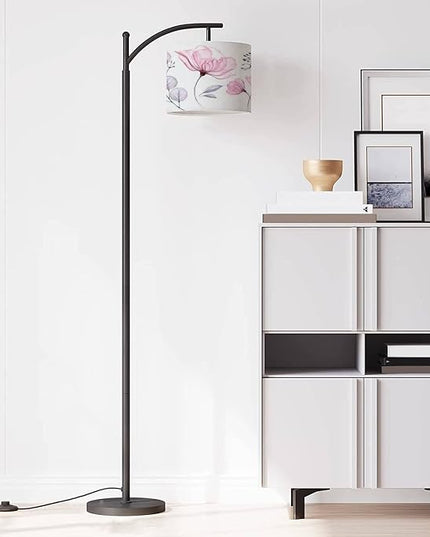Modern Arc Floor Lamp with Dimmer Mid Century Watercolor Transparent floral set isolated white collection roses Metal Standing Lamp with Linen Shade Footswitch for Living Room Bedroom Office - LeafyLoom