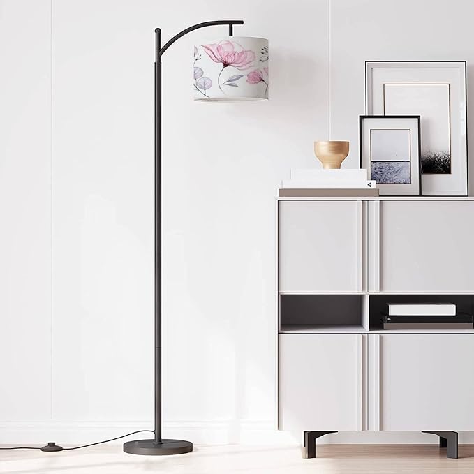 Modern Arc Floor Lamp with Dimmer Mid Century Watercolor Transparent floral set isolated white collection roses Metal Standing Lamp with Linen Shade Footswitch for Living Room Bedroom Office - LeafyLoom