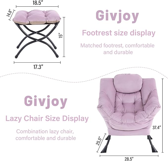 Lazy Chair and Ottoman, Large Accent Lounge Chair with Armrests and a Side Pocket, Modern Leisure Upholstered Sofa Reading Armchair with Footrest for Bedroom, Living Room, Dorm Rooms, Office - LeafyLoom