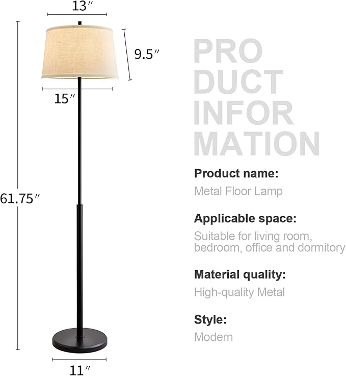 Oneach 61.75" Modern Floor Lamp for Living Room Industrial Floor Lamps Rotary Switch Standing Lamp Tall Pole Reading Lamp for Bedroom Study Room Office with White Bamboo Linen Lamp Shade - LeafyLoom