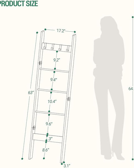 Blanket Ladder Shelf for Living Room, Decorative Wood Quilt Rack with 4 Removable Hooks, 5-Tier Farmhouse Ladder Holder Organizer for Bedroom, Greige and Black BR02105B - LeafyLoom