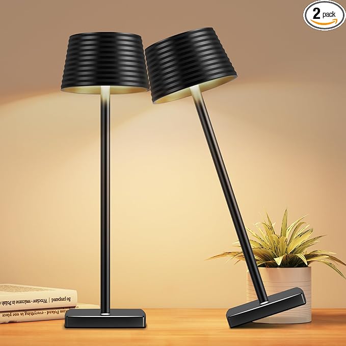 Rechargeable Cordless Table Lamp, Battery 5000mAh Metal Aluminum Housing USB LED Portable Powered Desk Lamp, 3 Levels Brightness Night Light for Restaurants Bars Outdoor (black-2pack) - LeafyLoom