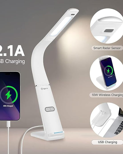 LED Desk Lamp with USB Charging Port, 10W wireless charger, Stepless dimmable, Natural Lights, Desk Lights for Home Office, Office Desk Lamp Eye Caring Reading Light, Gesture Control Table Lamp - LeafyLoom