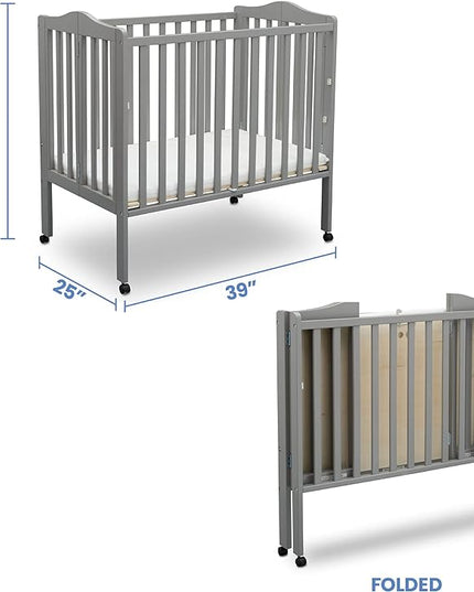 Delta Children Folding Portable Mini Baby Crib with 1.5-inch Mattress - Greenguard Gold Certified, Grey - LeafyLoom