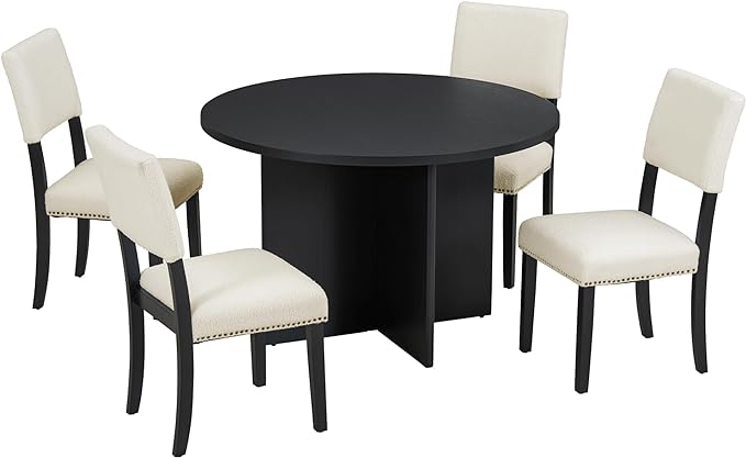 Modern Round Pedestal Kitchen 4 Upholstered Chairs, Rubber Wood, Easy Assembly, for Studio, Apartment, Small Places, Room, 5 Piece Dining Table Set, Black 3 - LeafyLoom