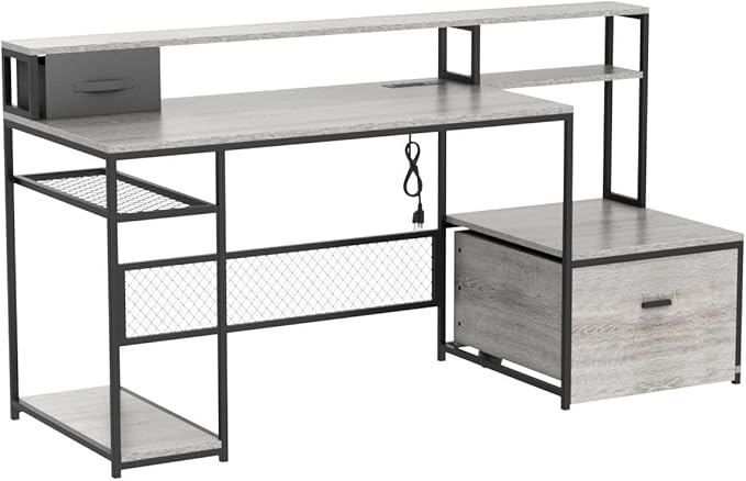 Home Office Desks with Drawers, 66'' Computer Desk with Storage, Office Desk with Monitor Stand, Work Desk with Outlets and USB, Gaming Table Desk with File Cabinet for Home Office Table, Grey - LeafyLoom