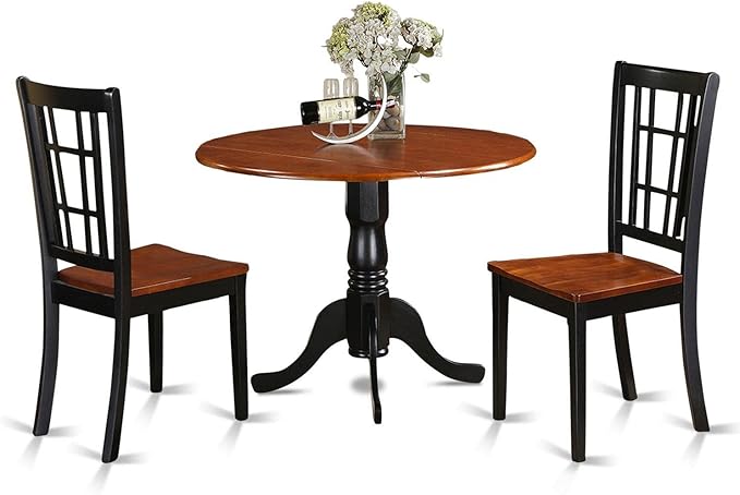 East West Furniture DLNI3-BCH-W 3 Piece Set Contains a Round Dining Room Table with Dropleaf and 2 Kitchen Chairs, 42x42 Inch - LeafyLoom
