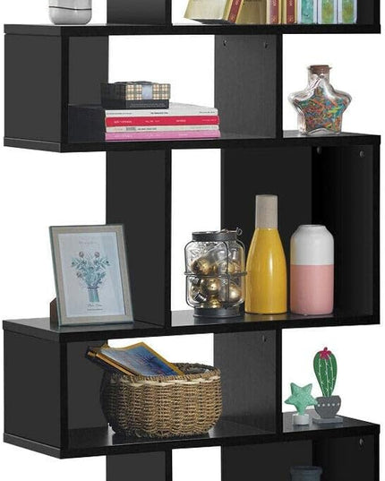 Giantex 5-Tier Geometric Bookshelf Black, 70" Tall Wood Freestanding Decorative Display Open Shelves with Anti-Tipping Device, Each Shelf Holds up to 44 lbs, Wooden S Shaped Bookcase - LeafyLoom