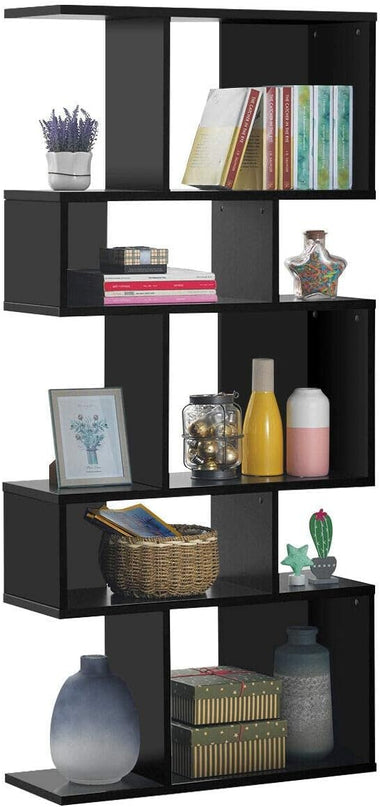 Giantex 5-Tier Geometric Bookshelf Black, 70" Tall Wood Freestanding Decorative Display Open Shelves with Anti-Tipping Device, Each Shelf Holds up to 44 lbs, Wooden S Shaped Bookcase - LeafyLoom