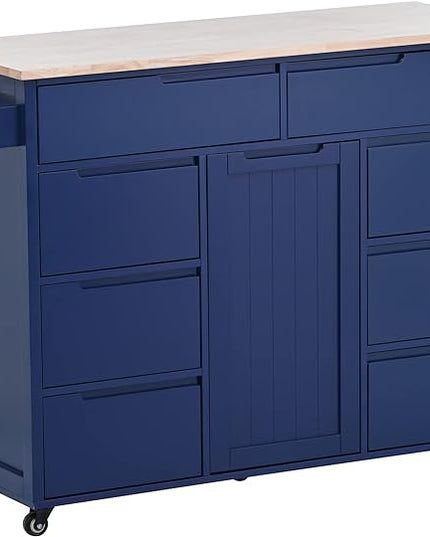 53Inch Kitchen Island Table with Rubber Wood Countertop & Storage, Kitchen-Cart on Locking Wheels w/ 8 Handle-Free Drawers and Side Rack, for Dinning Room, Coffee Bar Service - LeafyLoom