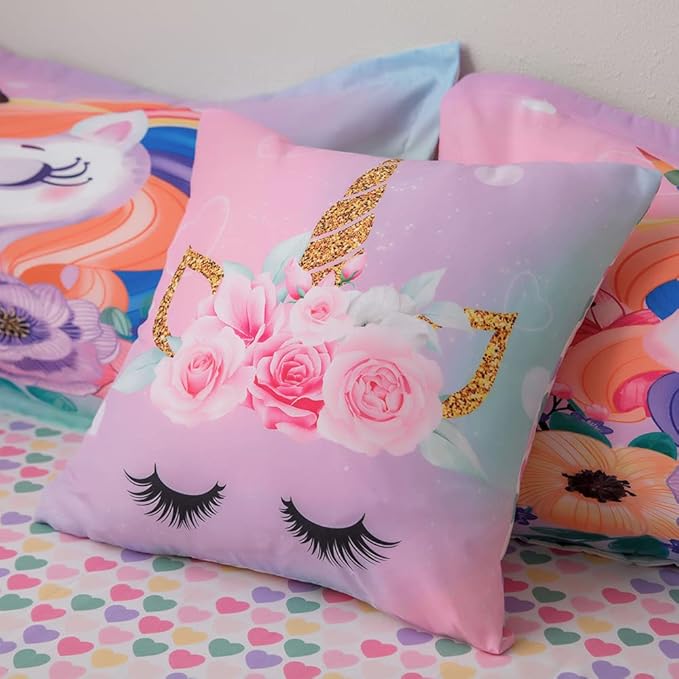 ADASMILE A & S Unicorn Bedding Twin for Girls Unicorn Bed Set Pink Unicorn Comforter Set Twin 6Pieces Girls Bed in A Bag Comforter with Hearts Sheets Reversible Unicorn Bed Sheets Home Unicorn Decor - LeafyLoom