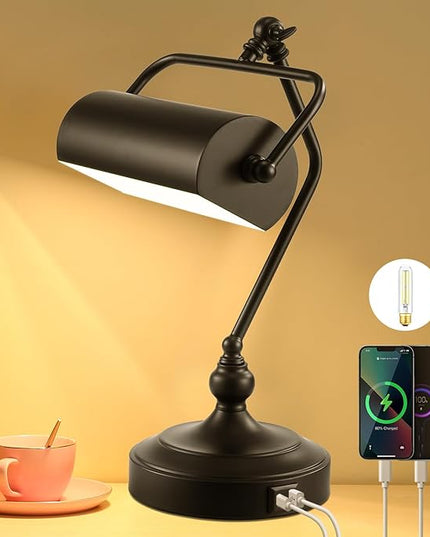 CONCA Classic Antique Touch Adjustable LED Desk Lamp, Bank Lamp, Piano Lamp, Eye Protection Table Lamp with Output Charging Port (Bulb Included in Package) (Black) - LeafyLoom