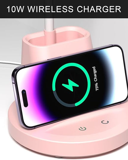 LED Desk Lamp with Wireless Charger for Home Office, Small with Pen Holder, 800LM,3 Color Modes,Gooseneck, Eye-Caring White Desk Lamps for Home College Dorm Room,Pink - LeafyLoom