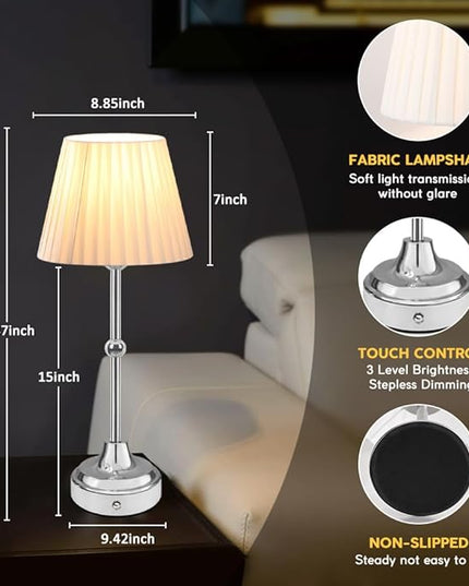 Cordless Metal Table Lamp,Touch Sensor Control Portable LED Table Lamp,3-Levels Brightness Rechargeable Bedside Lamp,Night Light for Kids Nursery,Dining Room Lamp (Silver) - LeafyLoom