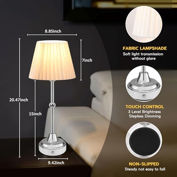 Cordless Metal Table Lamp,Touch Sensor Control Portable LED Table Lamp,3-Levels Brightness Rechargeable Bedside Lamp,Night Light for Kids Nursery,Dining Room Lamp (Silver) - LeafyLoom