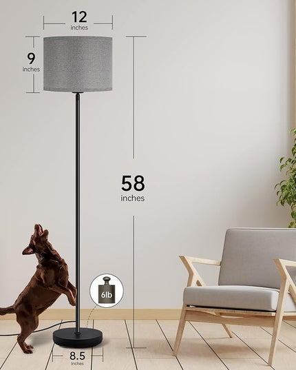 BoostArea Floor Lamps for Living Room, Black Standing Lamp, 58" Tall Lamps, 9W Bright Dimmable Floor Lamps, On/Off Foot Switch, Simple Modern Floor Lamp for Bedroom, Office, Kitchen -Grey Lampshade - LeafyLoom