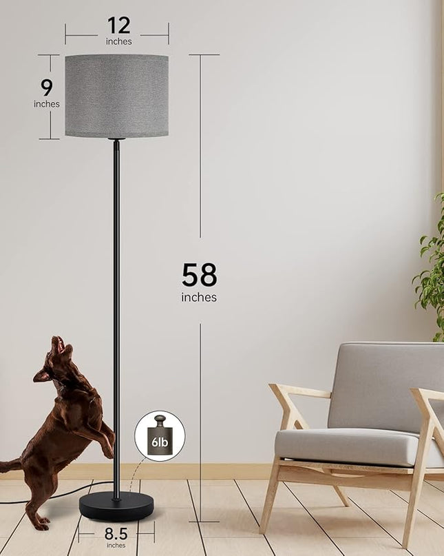 BoostArea Floor Lamps for Living Room, Black Standing Lamp, 58" Tall Lamps, 9W Bright Dimmable Floor Lamps, On/Off Foot Switch, Simple Modern Floor Lamp for Bedroom, Office, Kitchen -Grey Lampshade - LeafyLoom
