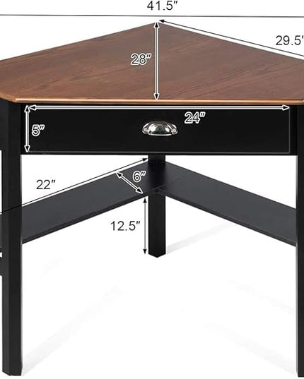 Nightcore Small, Wood Computer Desk, Compact Writing w/Drawer & Storage Shelves, Space Saving Study Workstation, Laptop PC Corner Table, Coffee - LeafyLoom