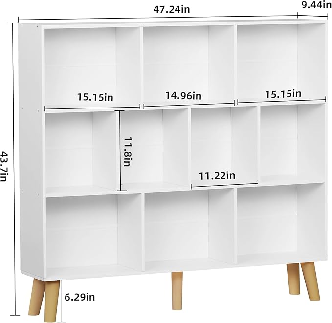 YAHARBO 10 Cube White Bookshelf,3 Tier Book Shelf with Legs,Modern Minimalist Bookcase,Open Book Shelves Storage Organizer,Frees Standing Wooden Display Bookcases for Small Space,Bedroom,Living Room - LeafyLoom