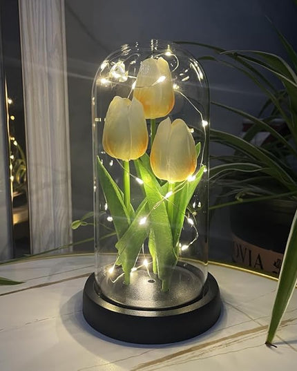 LED Tulip Lamp Artificial Flower Night Light Handmade Light up Tulips in Glass Dome Table Lamp Ornaments Desktop Decor - Battery Operated (Champagne) - LeafyLoom