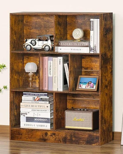 LEYAOYAO 7 Cube Bookshelf with Base,3 Tier Mid-Century Modern Brown Bookcase,Standing Wide Bookshelves Storage Organizer Shelf,Rustic Wood Display Cabinet Book Shelves for Bedroom,Living Room,Office - LeafyLoom