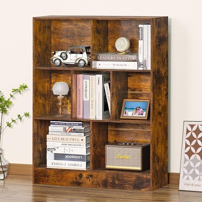LEYAOYAO 7 Cube Bookshelf with Base,3 Tier Mid-Century Modern Brown Bookcase,Standing Wide Bookshelves Storage Organizer Shelf,Rustic Wood Display Cabinet Book Shelves for Bedroom,Living Room,Office - LeafyLoom