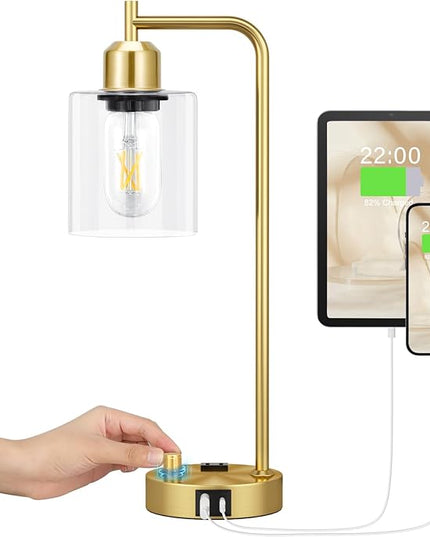 Innqoo Gold Table Lamp for Bedroom - Industrial Bedside Lamp with USB Port and Outlet, Fully Dimmable Nightstand Lamp with Clear Glass Shade, Small Desk Lamps for Home Office - LeafyLoom
