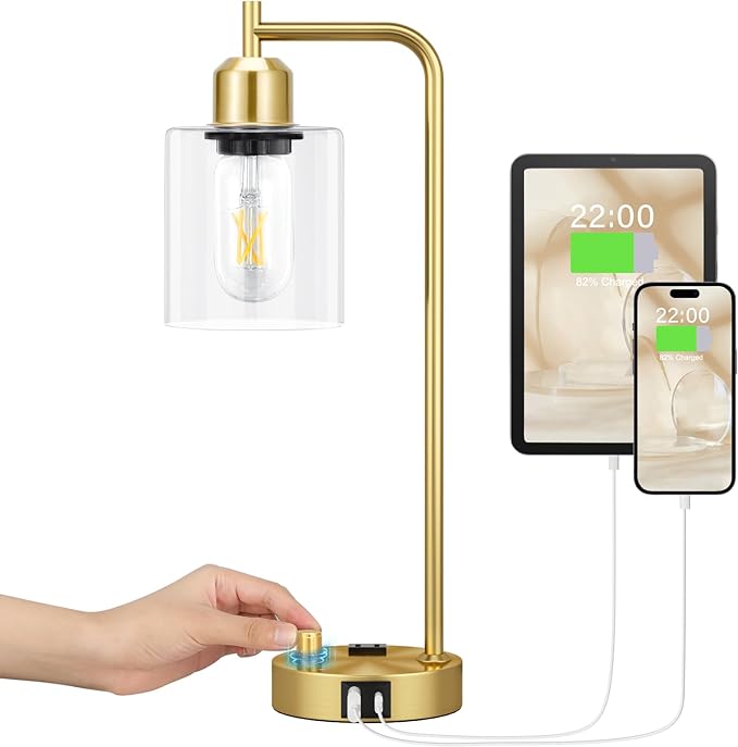 Innqoo Gold Table Lamp for Bedroom - Industrial Bedside Lamp with USB Port and Outlet, Fully Dimmable Nightstand Lamp with Clear Glass Shade, Small Desk Lamps for Home Office - LeafyLoom