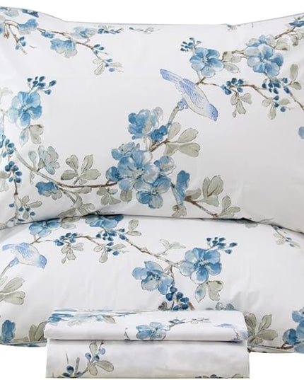 QSH Floral Queen Size Sheet Sets - Elegant Bird Tree Branch Blossom Printed Bedding 100% Egyptian Cotton Sheets Queen Size Deep Pockets 17.5" Extra Soft and Breathable 4pcs - LeafyLoom