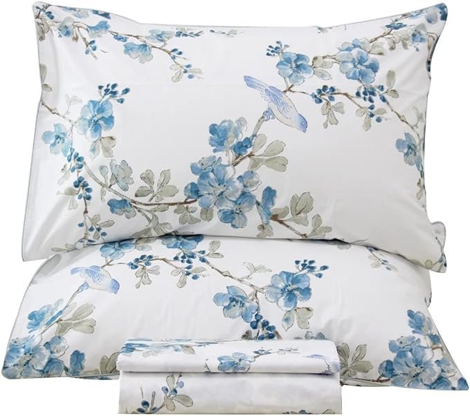 QSH Floral Queen Size Sheet Sets - Elegant Bird Tree Branch Blossom Printed Bedding 100% Egyptian Cotton Sheets Queen Size Deep Pockets 17.5" Extra Soft and Breathable 4pcs - LeafyLoom
