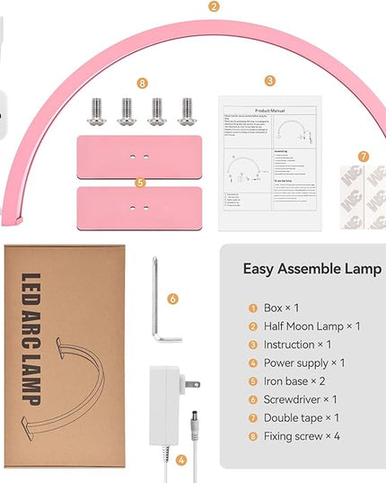 22INCH Half Moon Light for Nail Desk, LED Nail Tech Lamp Lash Light for Nail Tech Eye Tech, Dimmable Lamp with Touch Controller, 3 Color Mode, 3000-6000K (Pink) - LeafyLoom