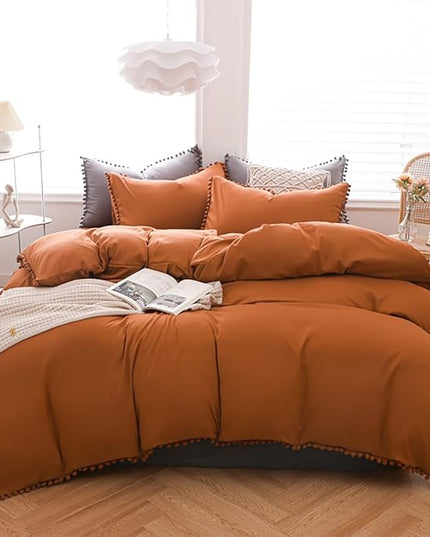 Pumpkin Comforter Set Full Burnt Orange Pom Comforter 3 Pieces Pumpkin Color Boho Ball Pom Fringe Full Comforter Bedding Set Women Solid Pumpkin Full Bed Comforter Set All Season Gift - LeafyLoom